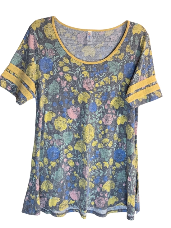 LuLaRoe Tops - LuLaRoe Gray Floral Scoop Neck Tee with Yellow Trim and Pastel Accents